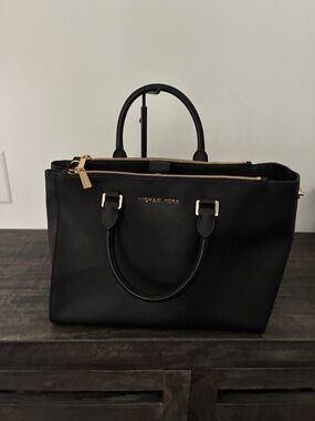 Michael Kors Black Leather Tote with Gold Hardware